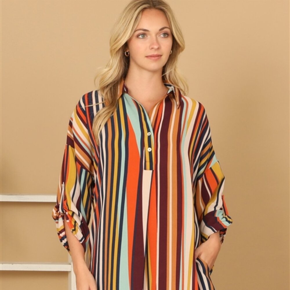 NWOT EGGPLANT COMBO STRIPE HALF SLEEVE CURVE HEM DRESS